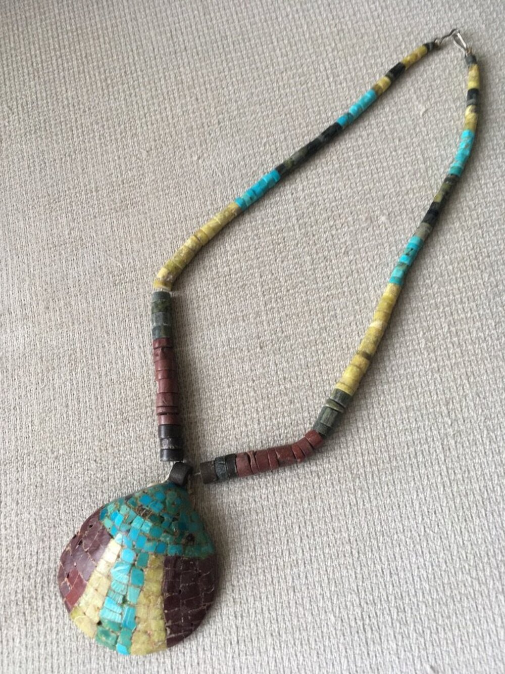 Vintage Mosaic Shell Santo Domingo Heishi Necklace Turquoise Pipestone Serpentin